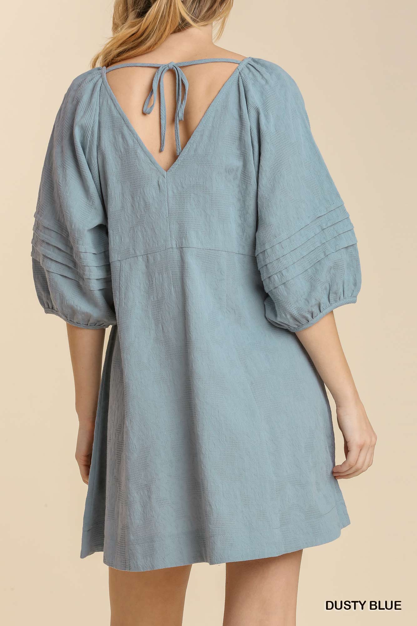 V Neck Pleat Detail Puff Sleeve Tie Back Dress