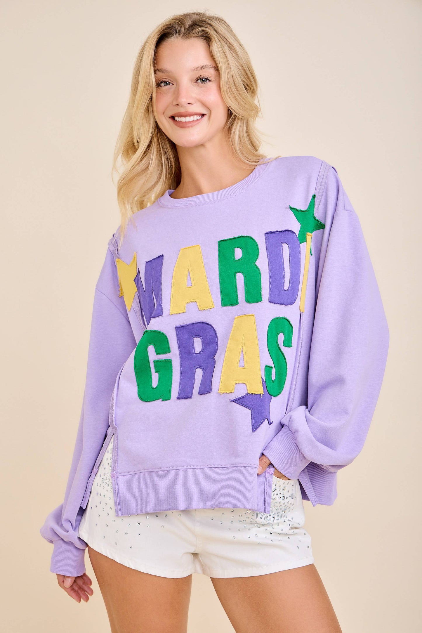 Mardi Gras Patchwork Sweatshirt – Bold Festive Pullover