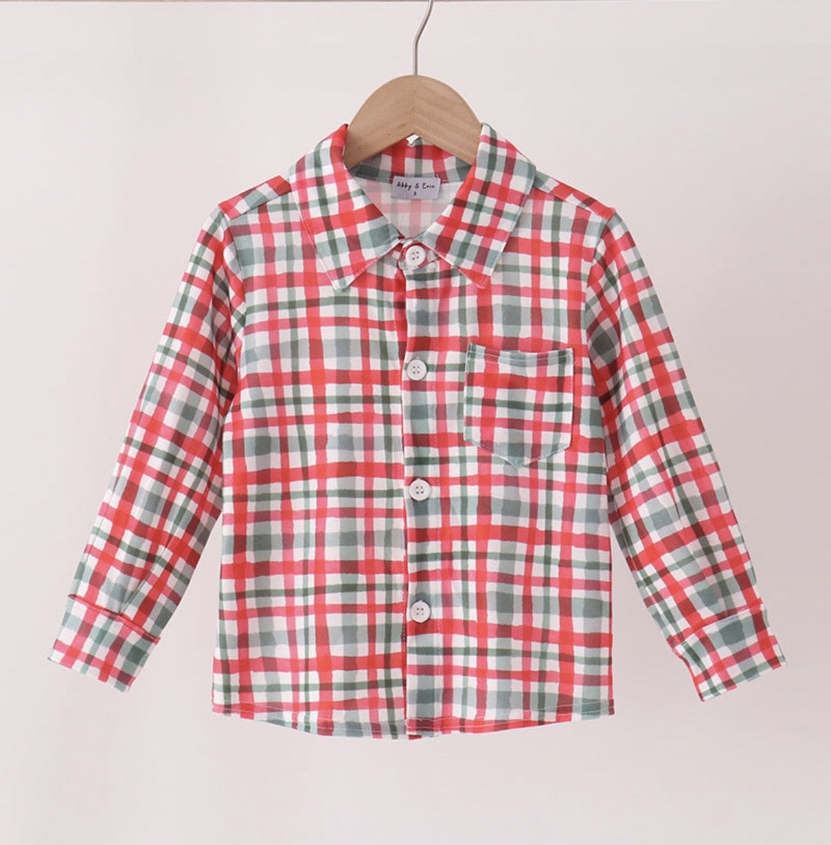 Boys red and green plaid button up