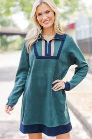 Umgee forest green/navy quarter zip dress