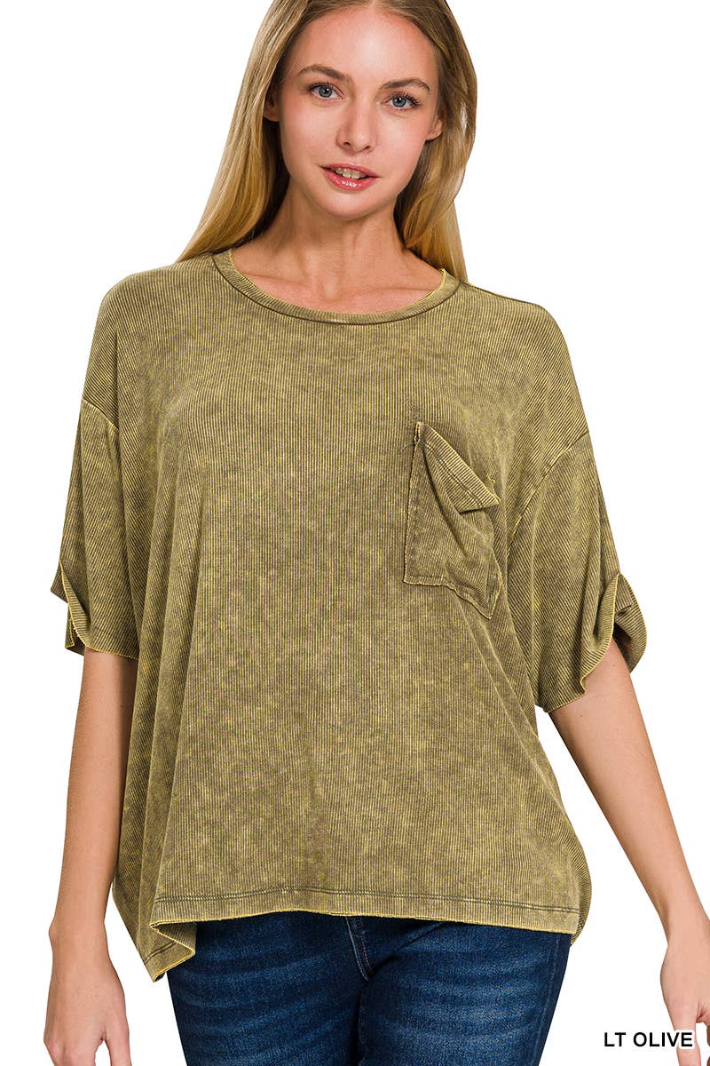 Washed Ribbed Cuff Short Sleeve Top