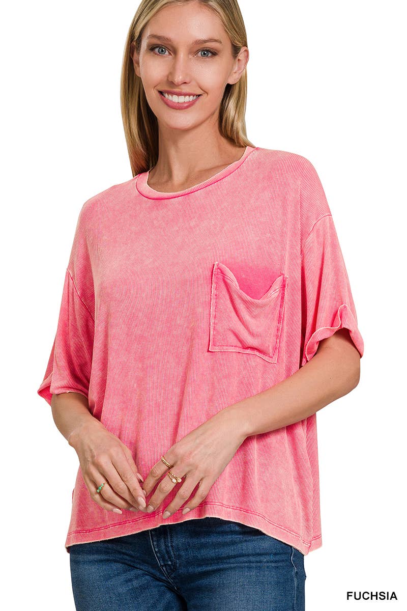 Washed Ribbed Cuff Short Sleeve Top