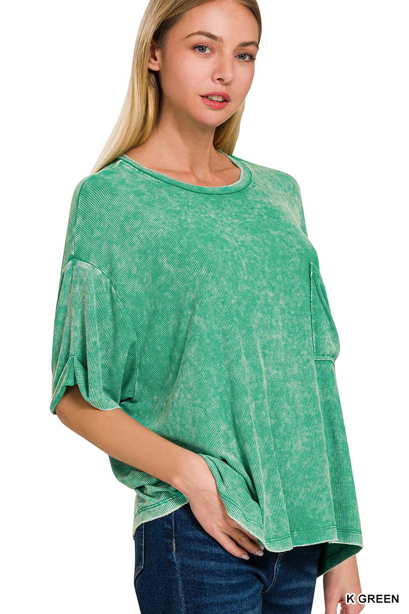 Washed Ribbed Cuff Short Sleeve Top