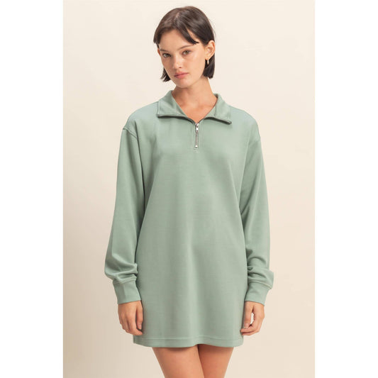Double Knit Half Zip Up Long Sleeve Mini Dress