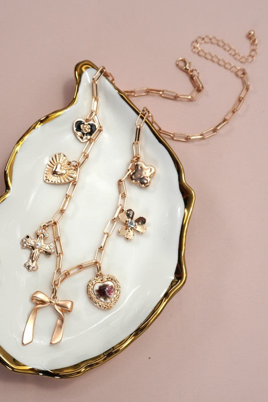 Charm Necklace-porcelain Floral Bow Cross Heart