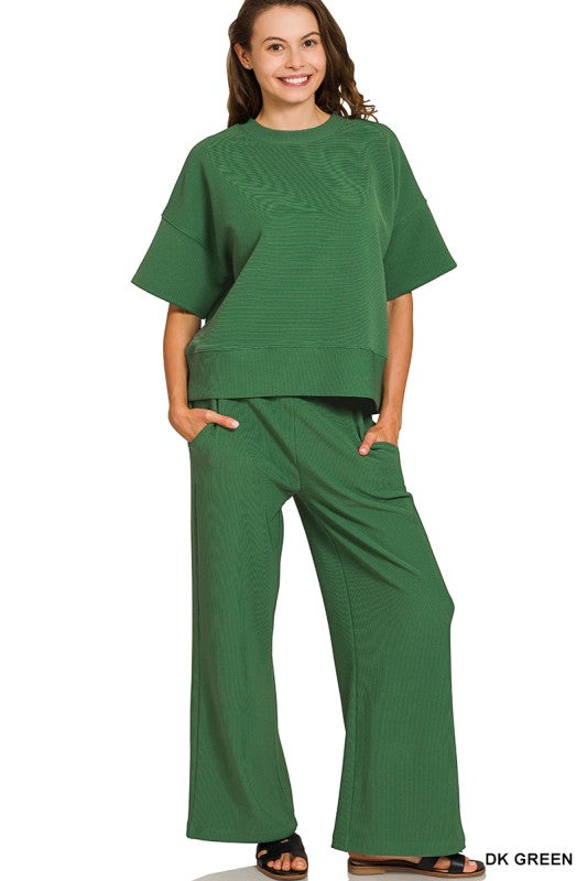 Ribbed Round Neck Top & Pants Set