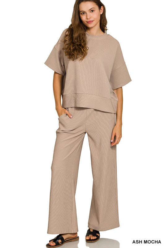 Ribbed Round Neck Top & Pants Set