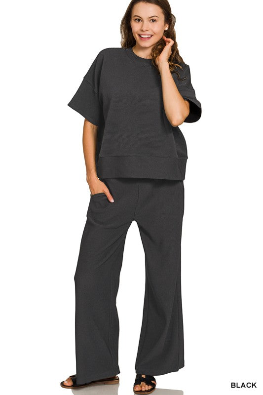 Ribbed Round Neck Top & Pants Set