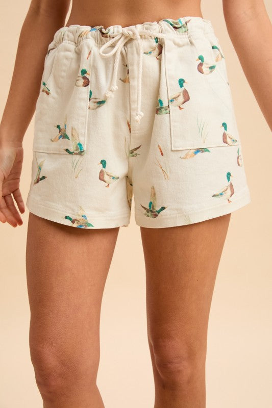 Mallard Duck Print Drawstring Relaxed Fit Shorts