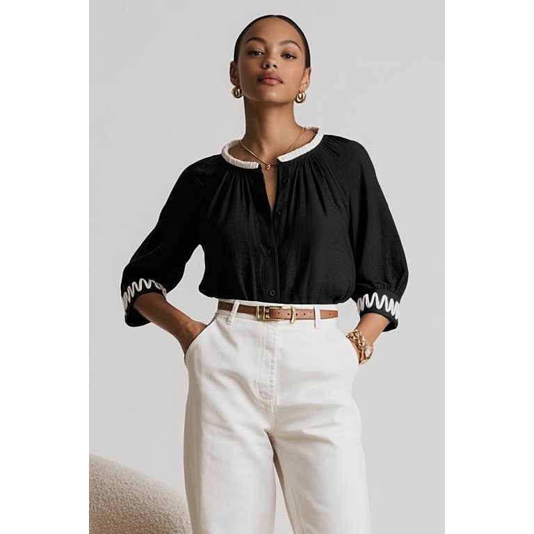 Abstract Applique Popover Blouse