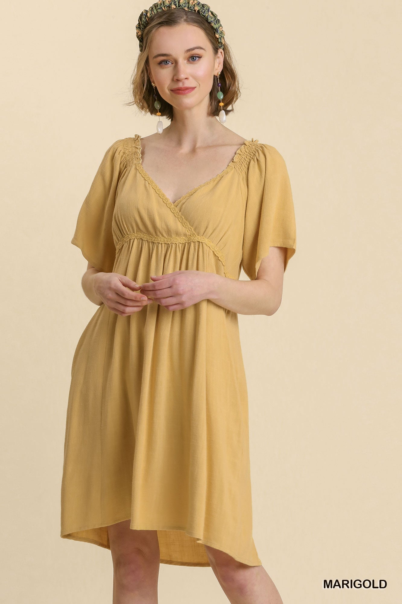 Linen Blend Surplice Bodice Crochet Trimmed Detail Dress (not Lined)