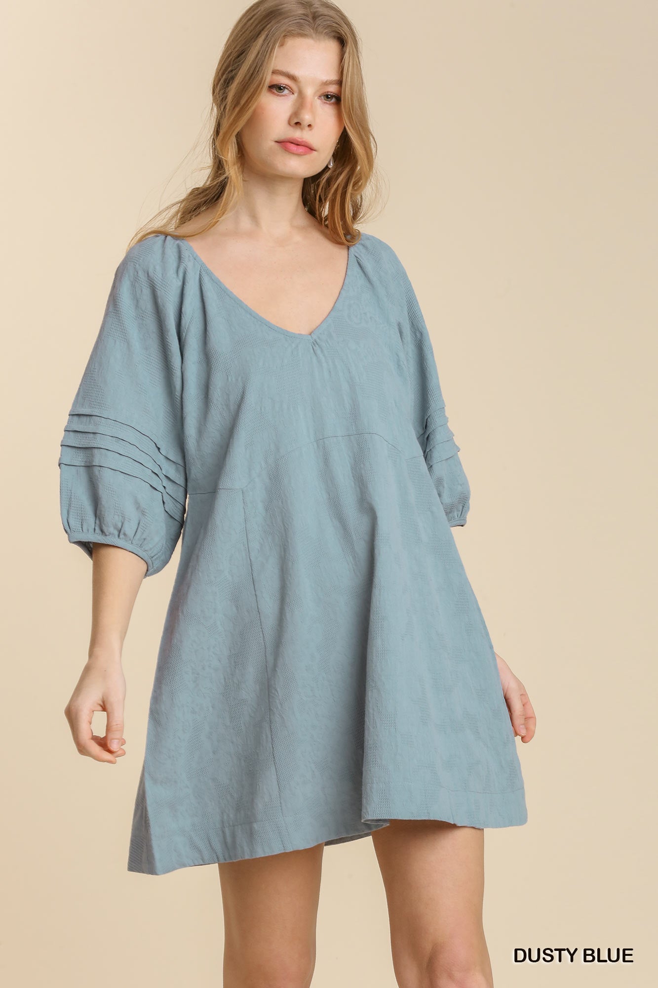 V Neck Pleat Detail Puff Sleeve Tie Back Dress