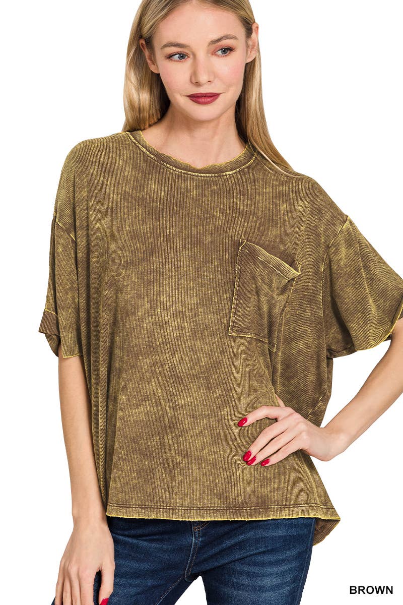 Washed Ribbed Cuff Short Sleeve Top