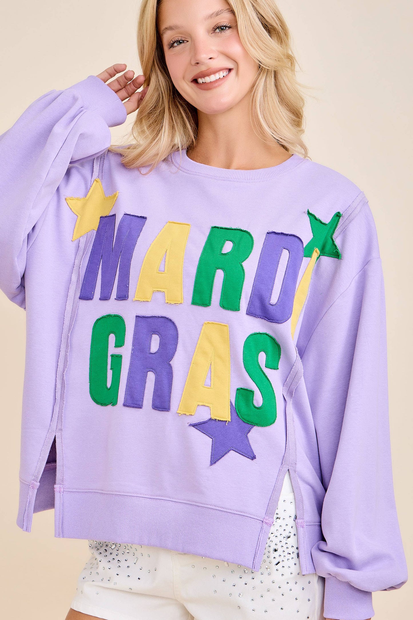 Mardi Gras Patchwork Sweatshirt – Bold Festive Pullover