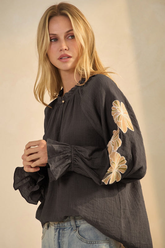 Curvy sheer black with beige flowers blouse