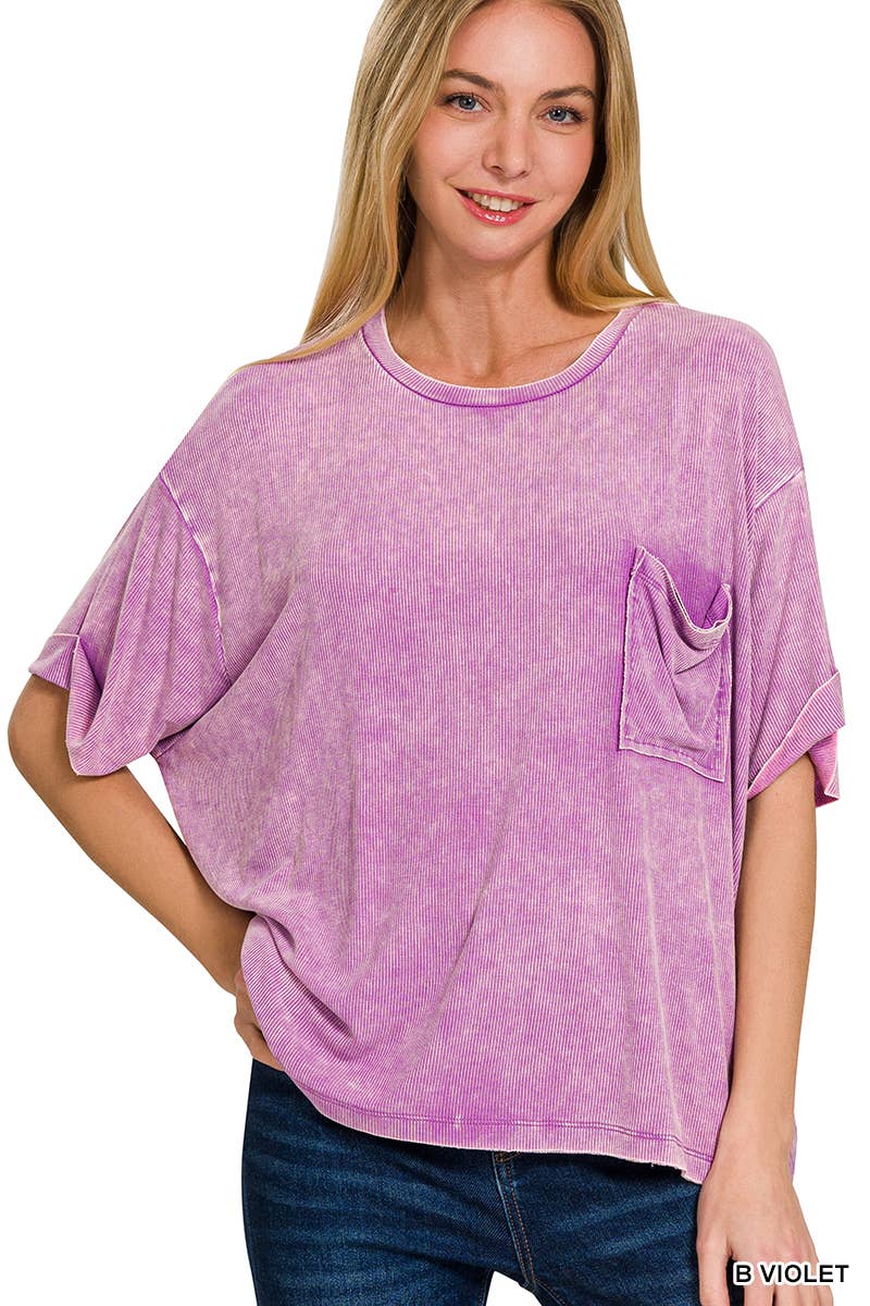 Washed Ribbed Cuff Short Sleeve Top