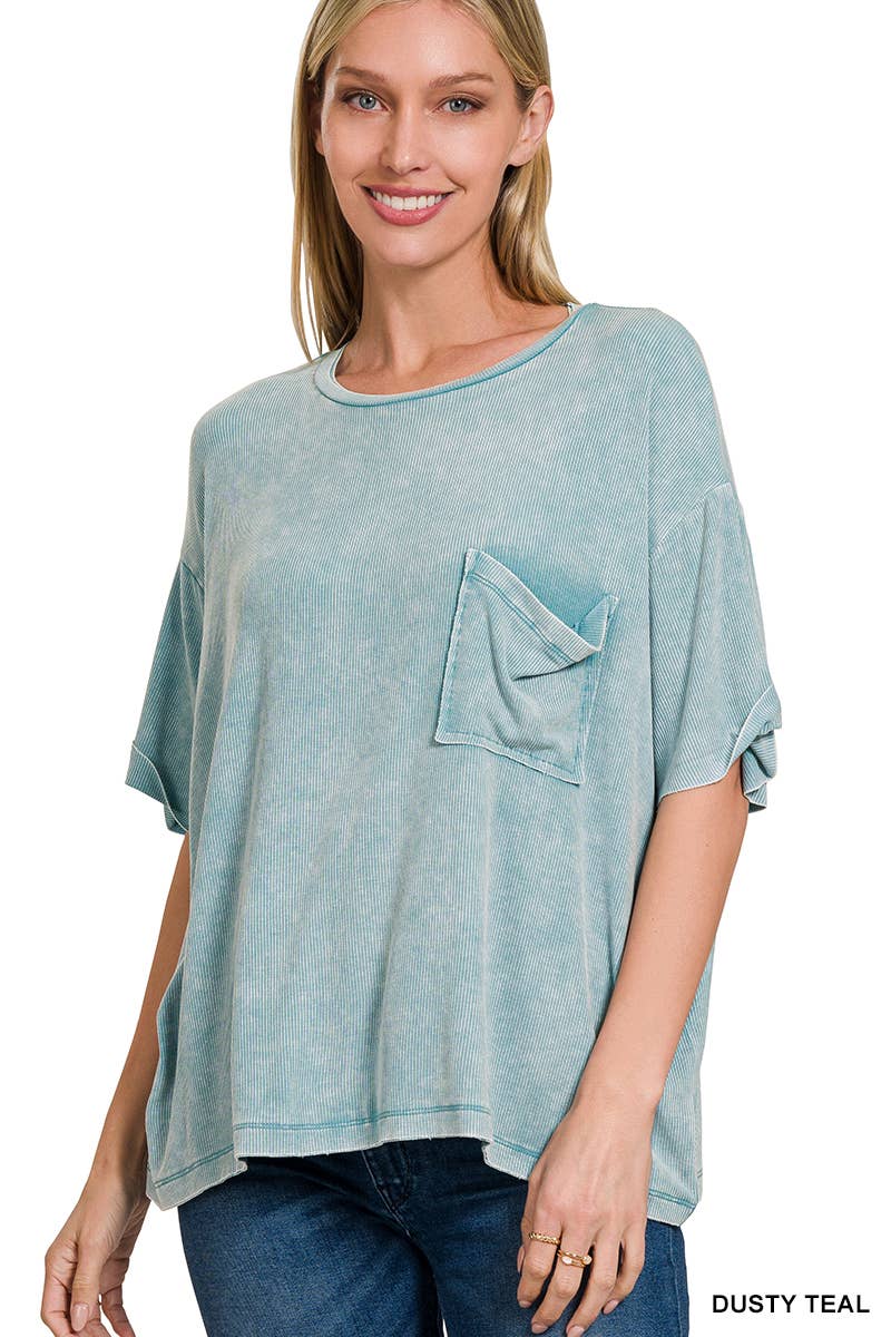 Washed Ribbed Cuff Short Sleeve Top