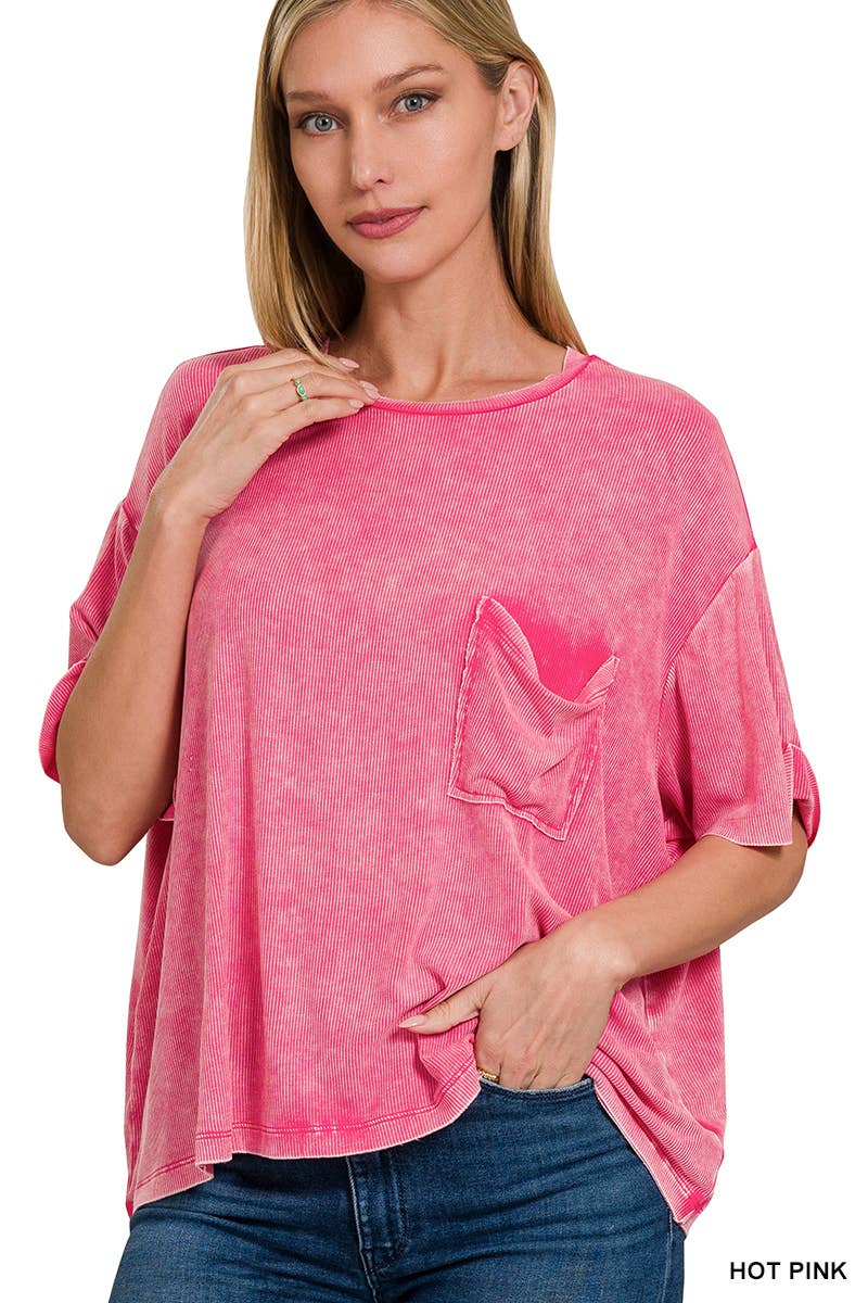 Washed Ribbed Cuff Short Sleeve Top