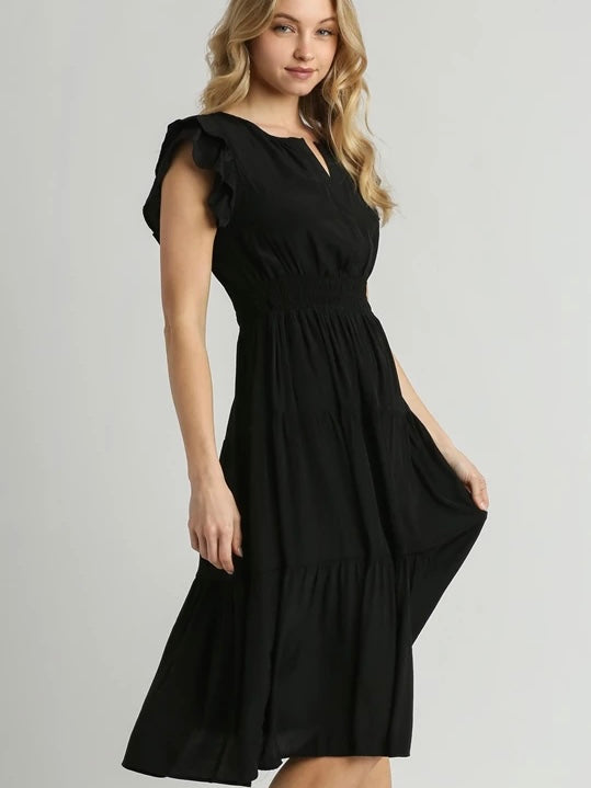 Black Flutter Sleeved Midi Dress with Smocked Waistband