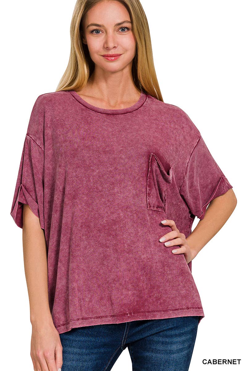 Washed Ribbed Cuff Short Sleeve Top
