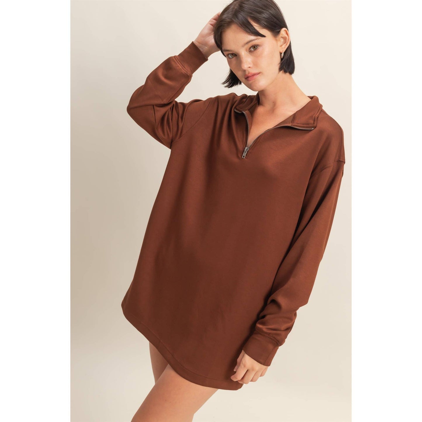 Double Knit Half Zip Up Long Sleeve Mini Dress