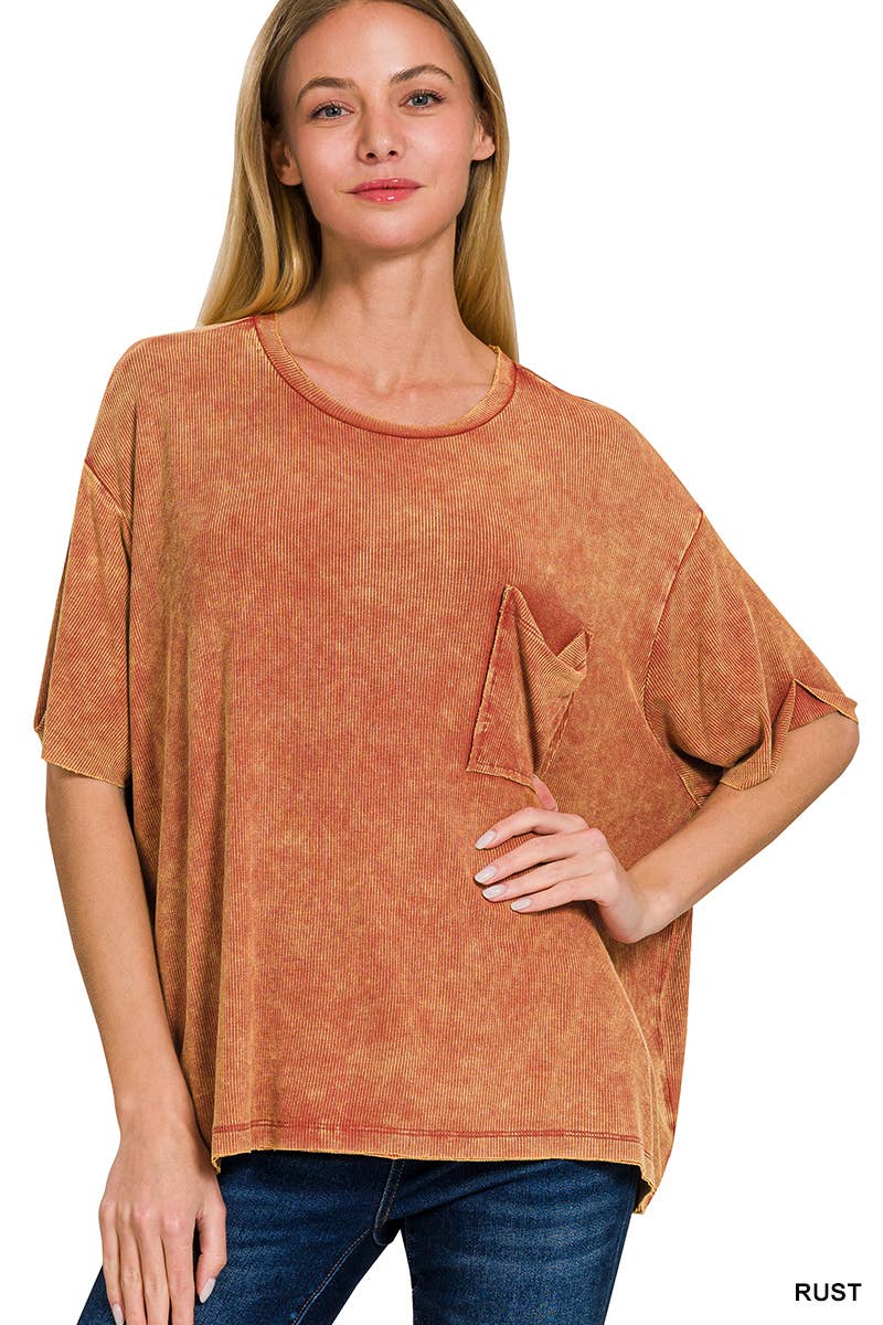 Washed Ribbed Cuff Short Sleeve Top