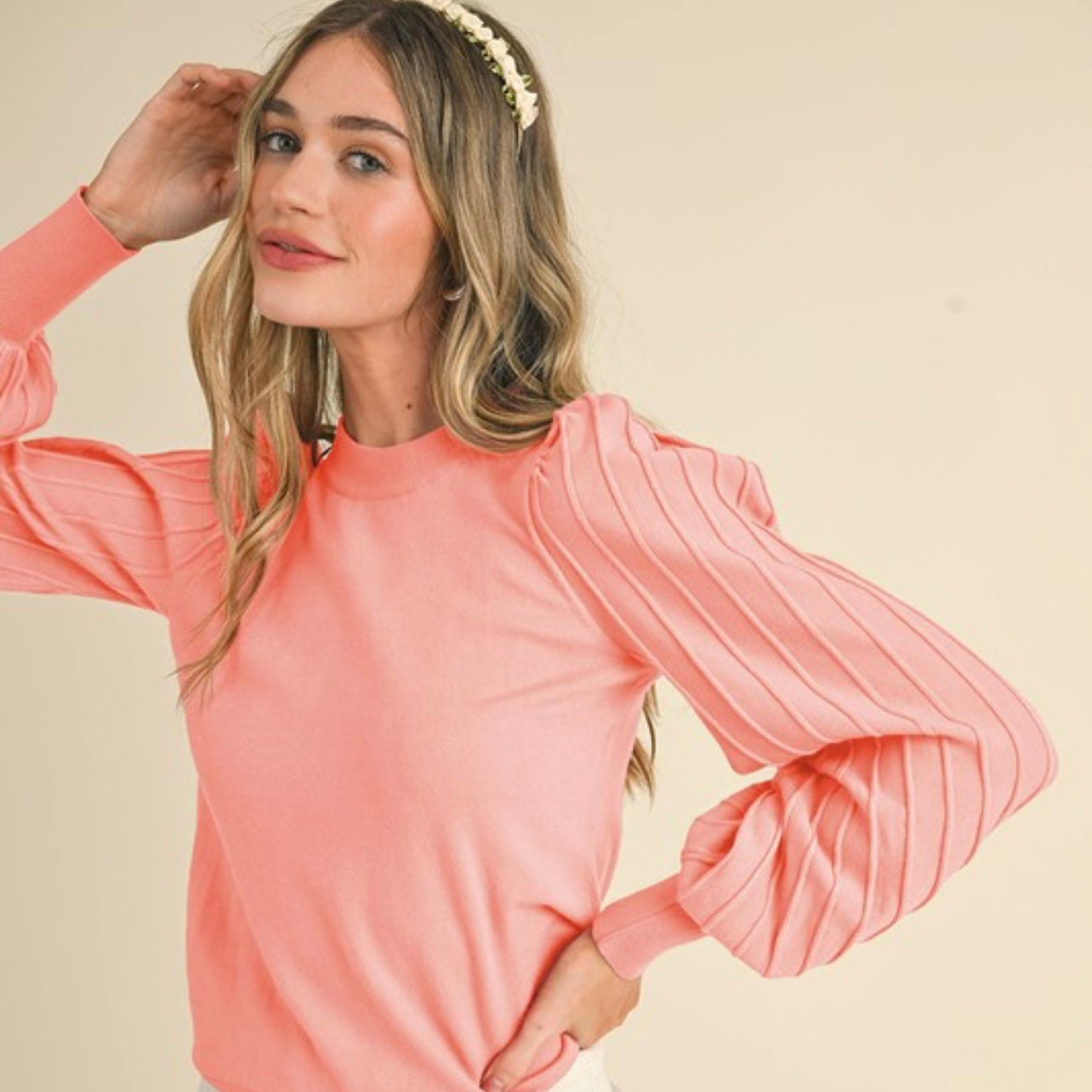 Textured Stripe Balloon Sleeve Sweater