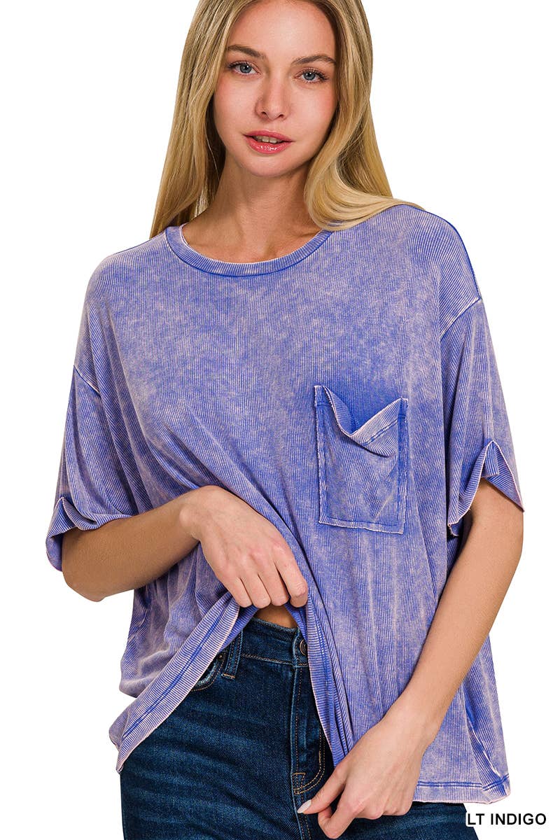 Washed Ribbed Cuff Short Sleeve Top