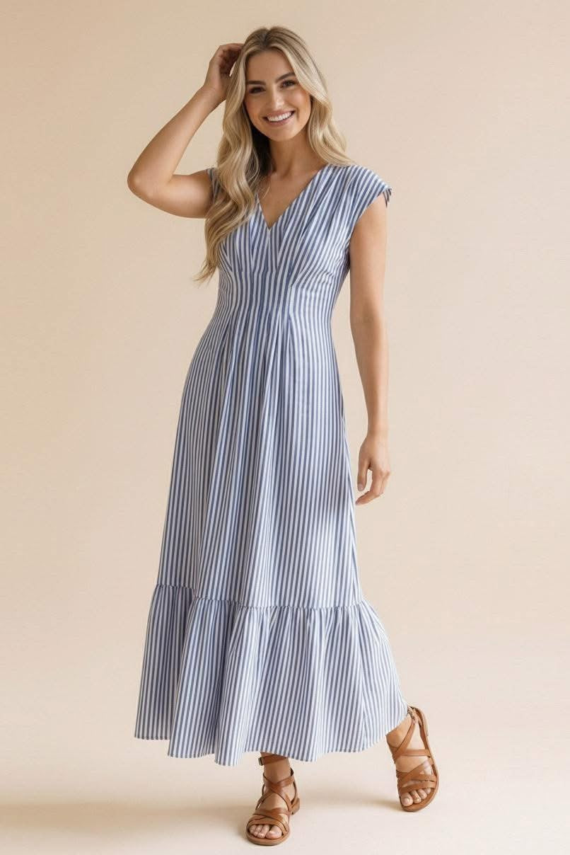 Blue & White Stripe Smocked Waist Midi Dress