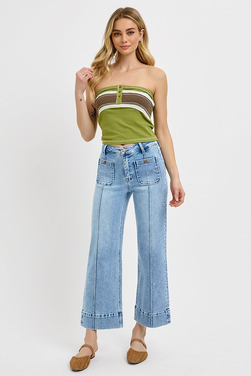 RISEN High Rise Crop Wide Jeans with Front Pintuck & Patch Pocket