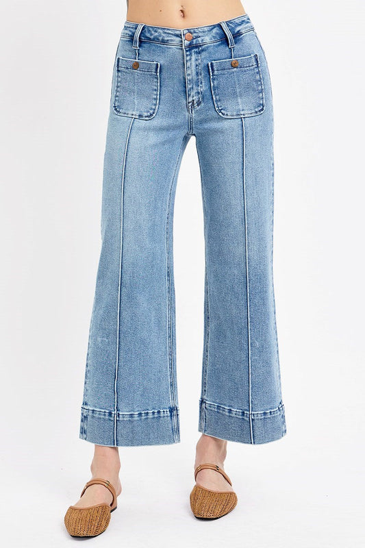 RISEN High Rise Crop Wide Jeans with Front Pintuck & Patch Pocket