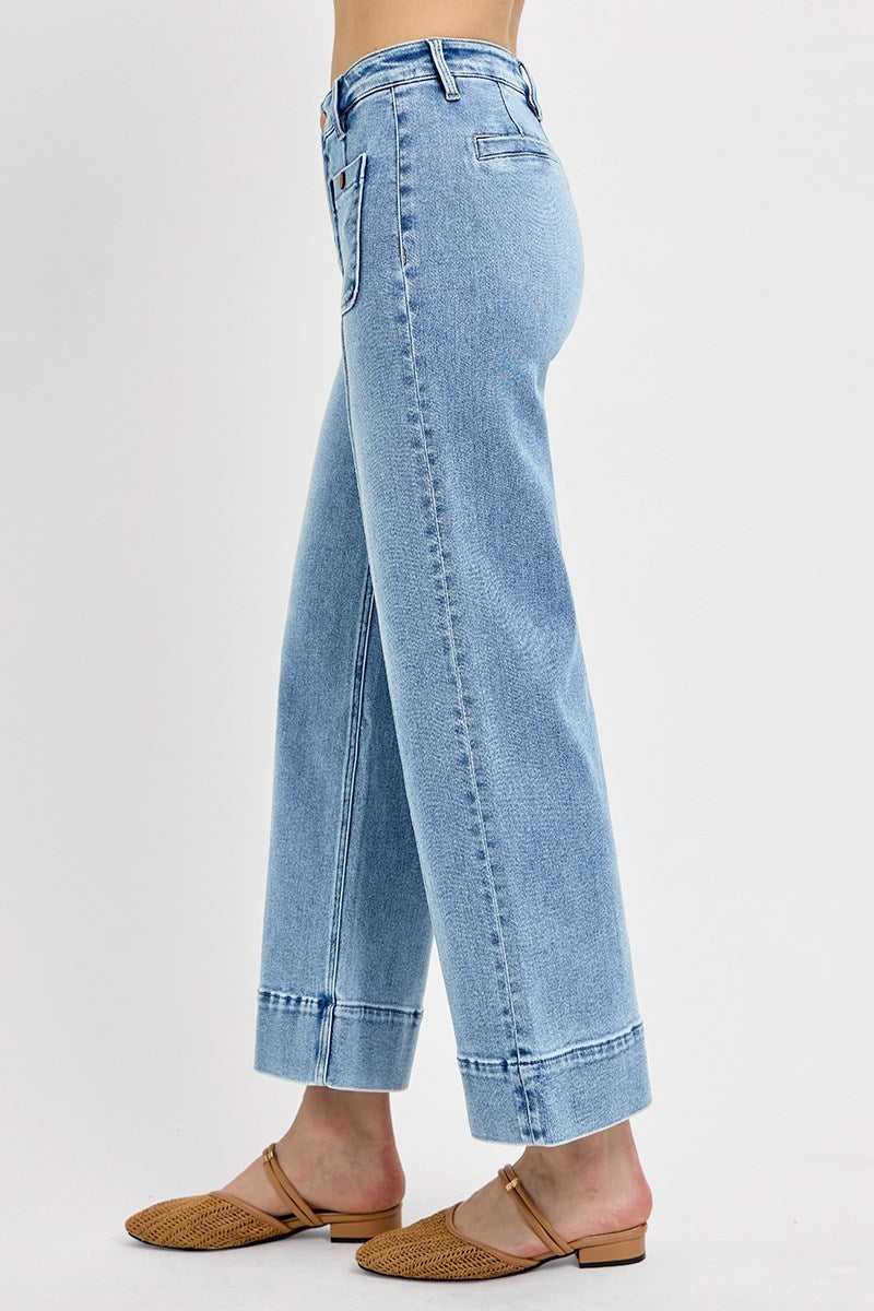 RISEN High Rise Crop Wide Jeans with Front Pintuck & Patch Pocket