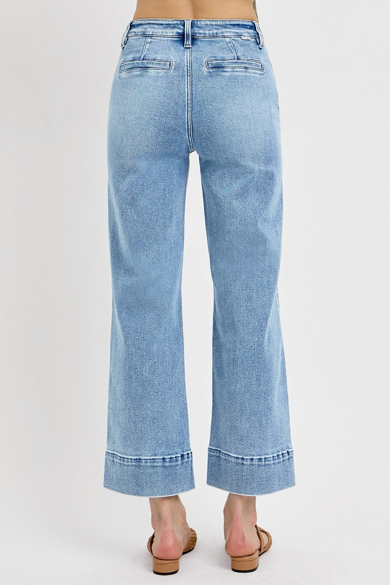 RISEN High Rise Crop Wide Jeans with Front Pintuck & Patch Pocket
