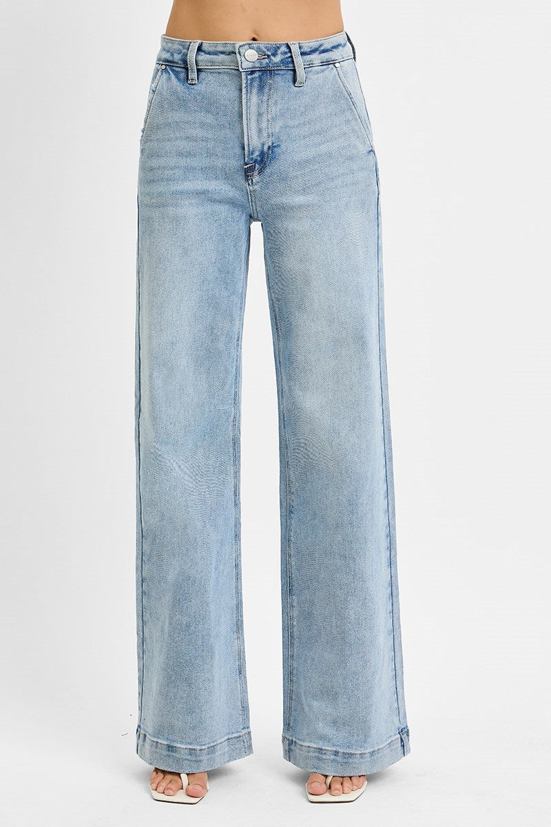 Risen High Rise Wide Leg Slanted Pocket Jeans