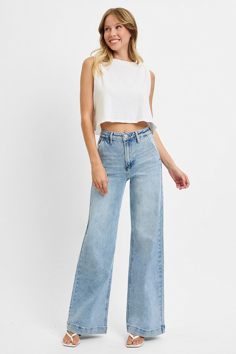 Risen High Rise Wide Leg Slanted Pocket Jeans