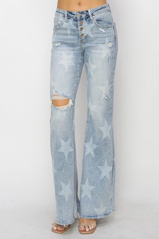 Risen Mid Rise Button Down Star Print Flare