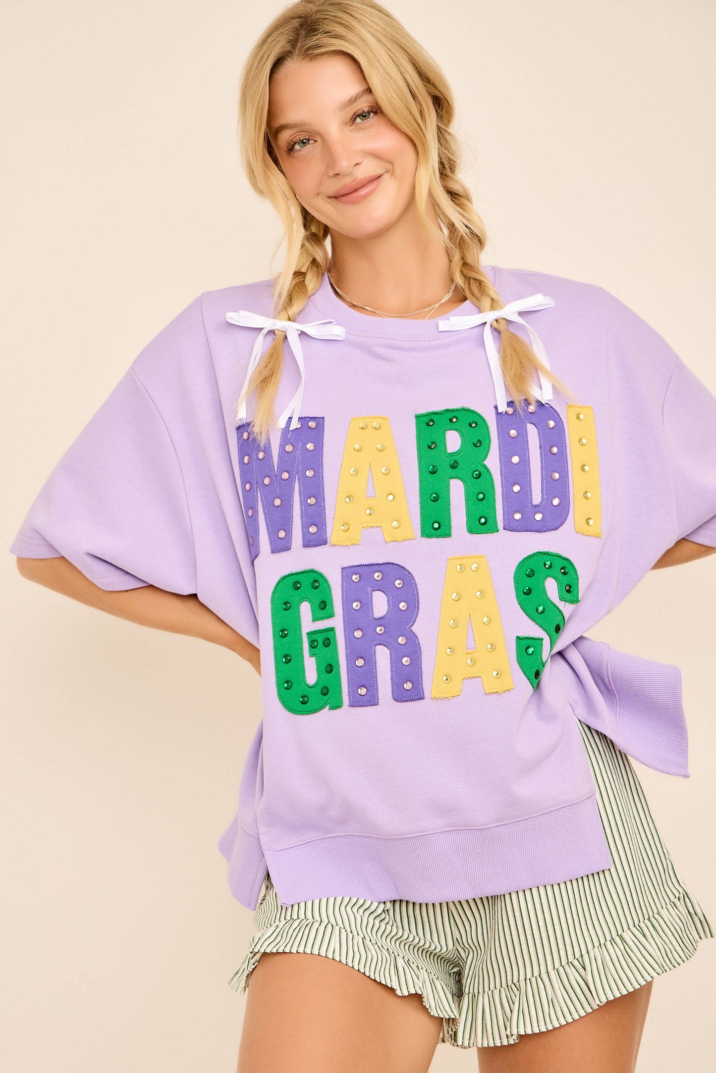 Mardi Gras Oversized Graphic Tee with Stud Details