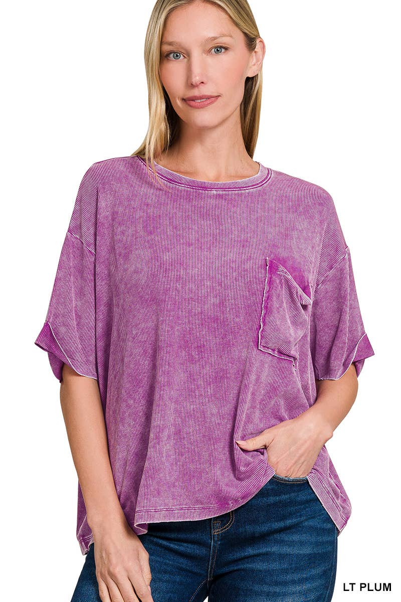 Washed Ribbed Cuff Short Sleeve Top