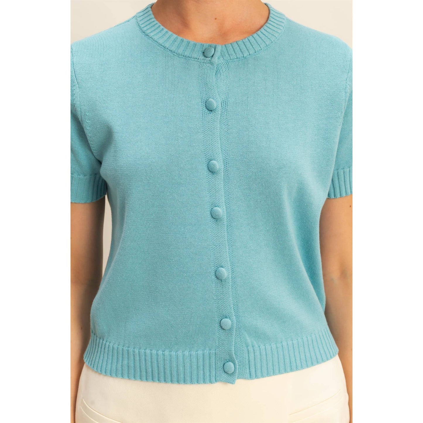 Crew Neck Short Sleeve  Buttoned Cardigan