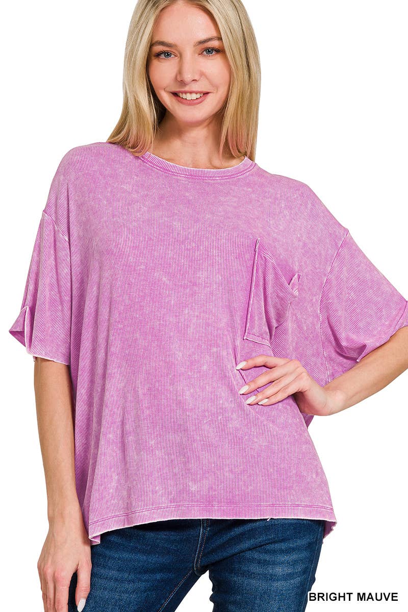 Washed Ribbed Cuff Short Sleeve Top