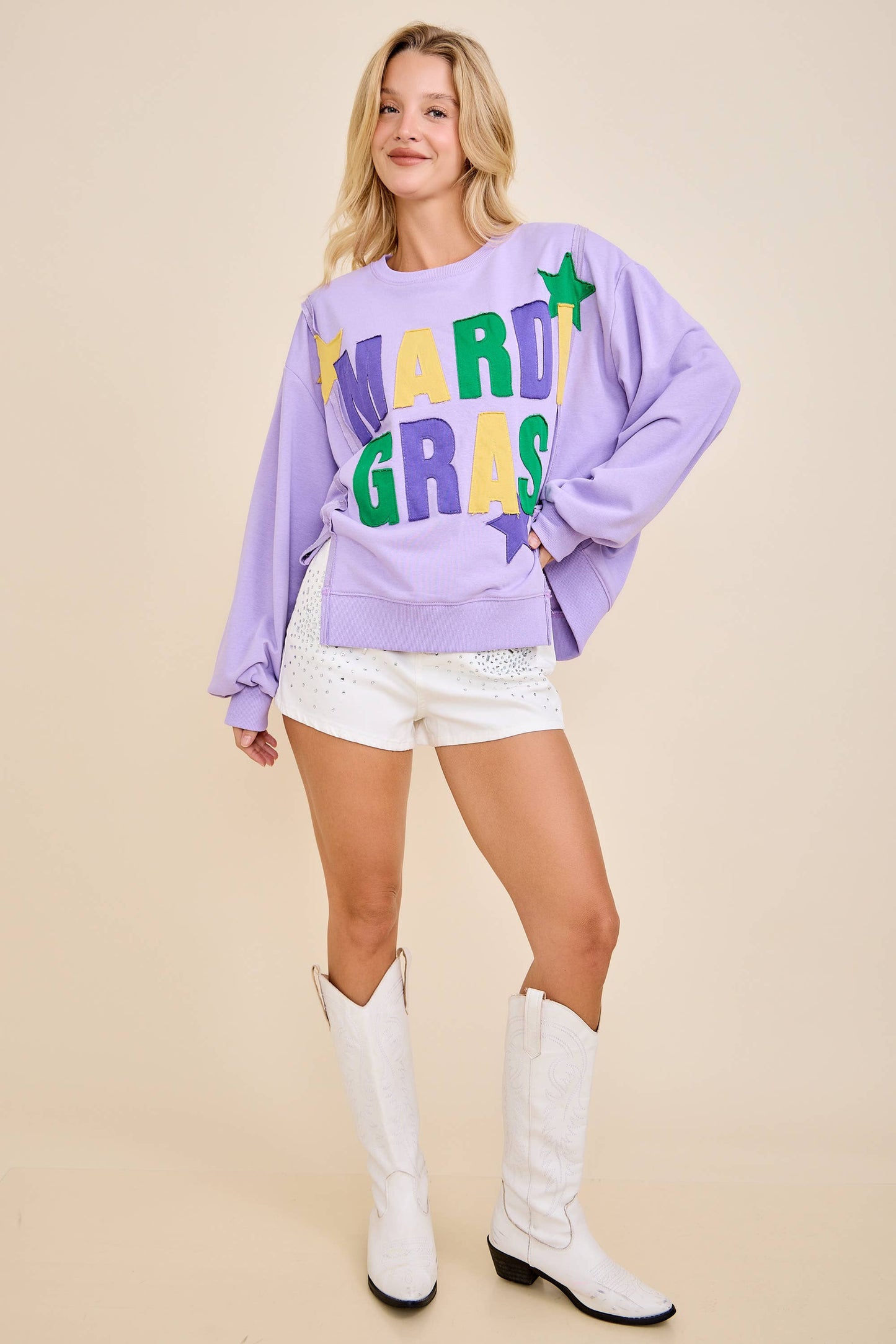 Mardi Gras Patchwork Sweatshirt – Bold Festive Pullover