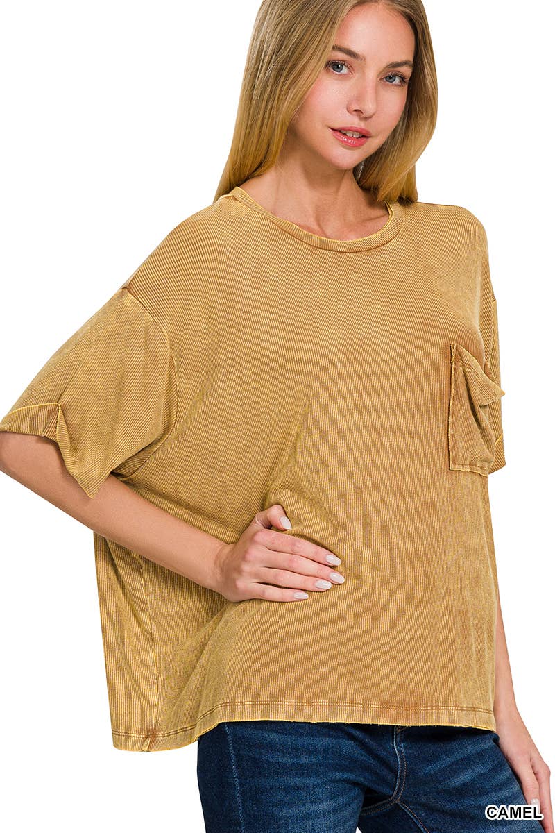 Washed Ribbed Cuff Short Sleeve Top