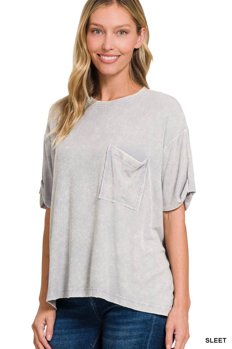 Washed Ribbed Cuff Short Sleeve Top