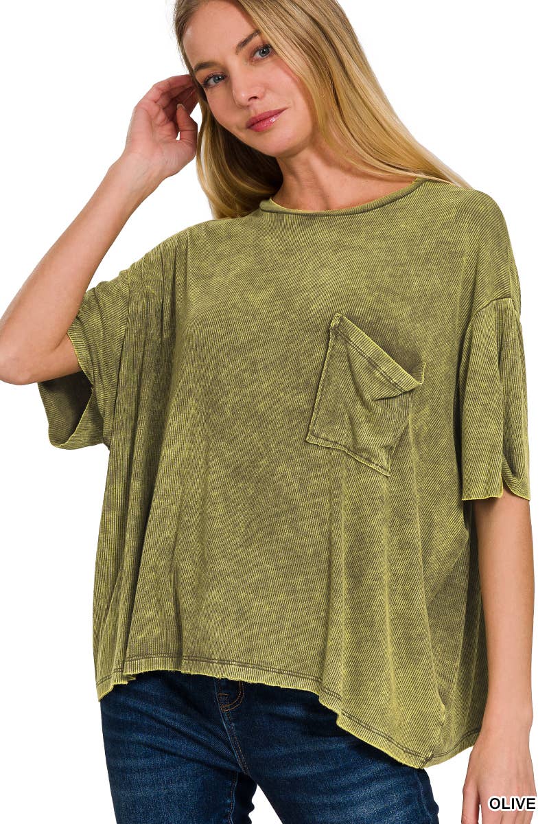 Washed Ribbed Cuff Short Sleeve Top