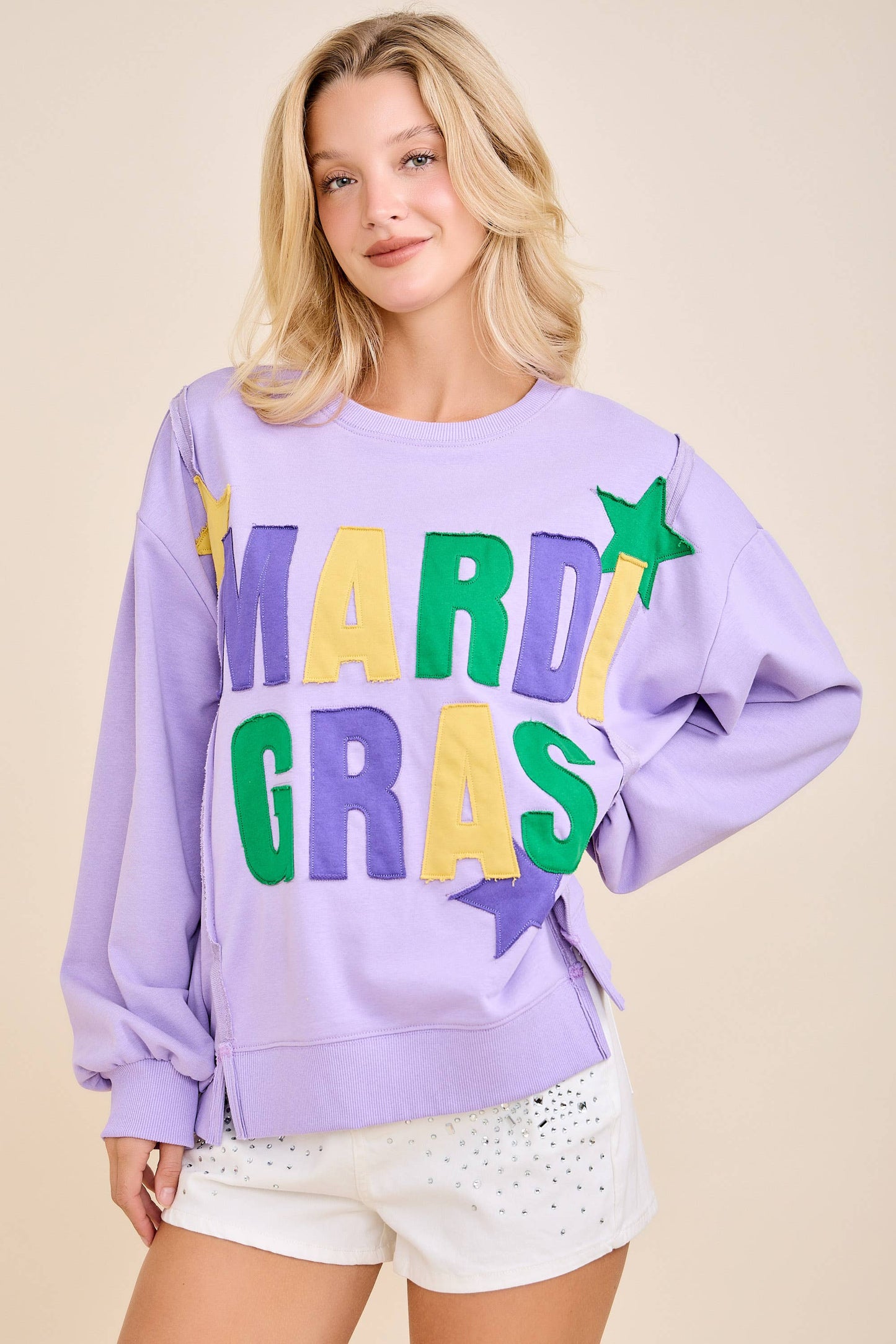 Mardi Gras Patchwork Sweatshirt – Bold Festive Pullover