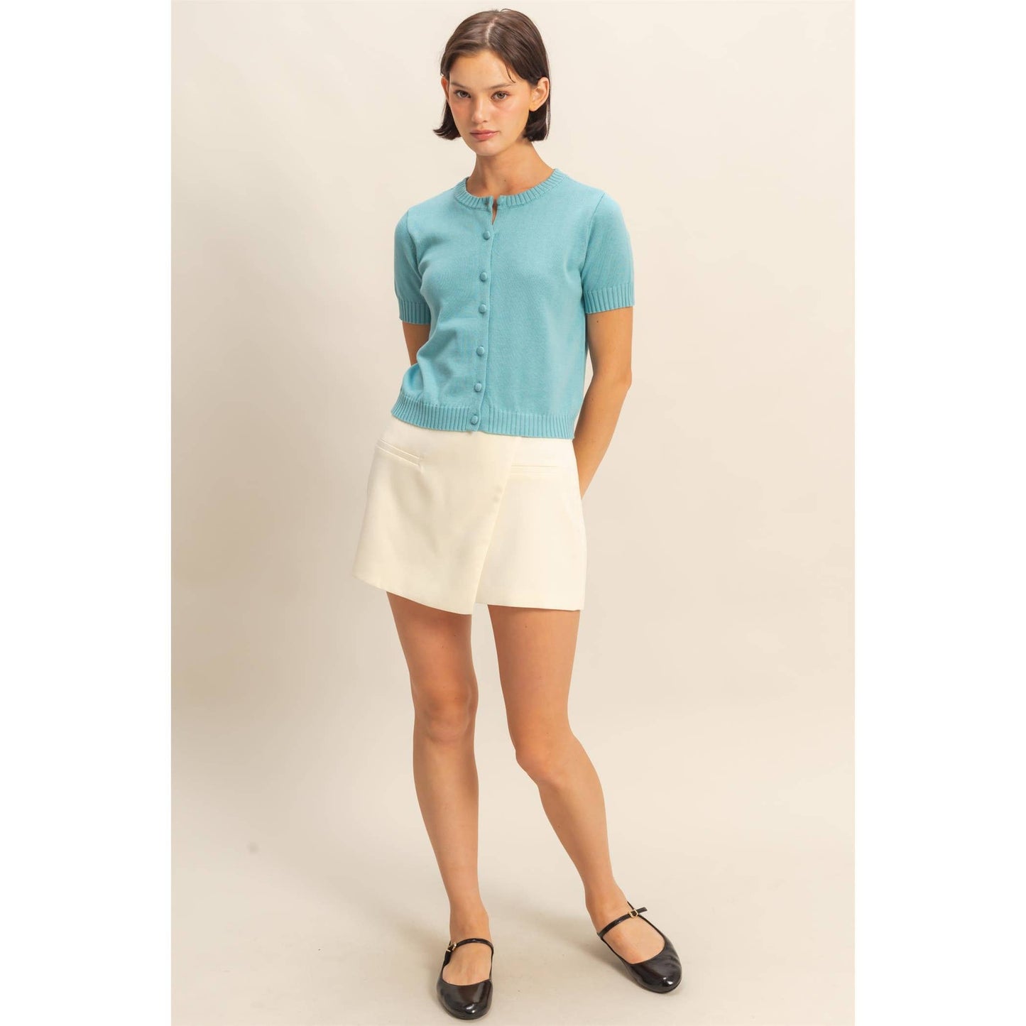 Crew Neck Short Sleeve  Buttoned Cardigan