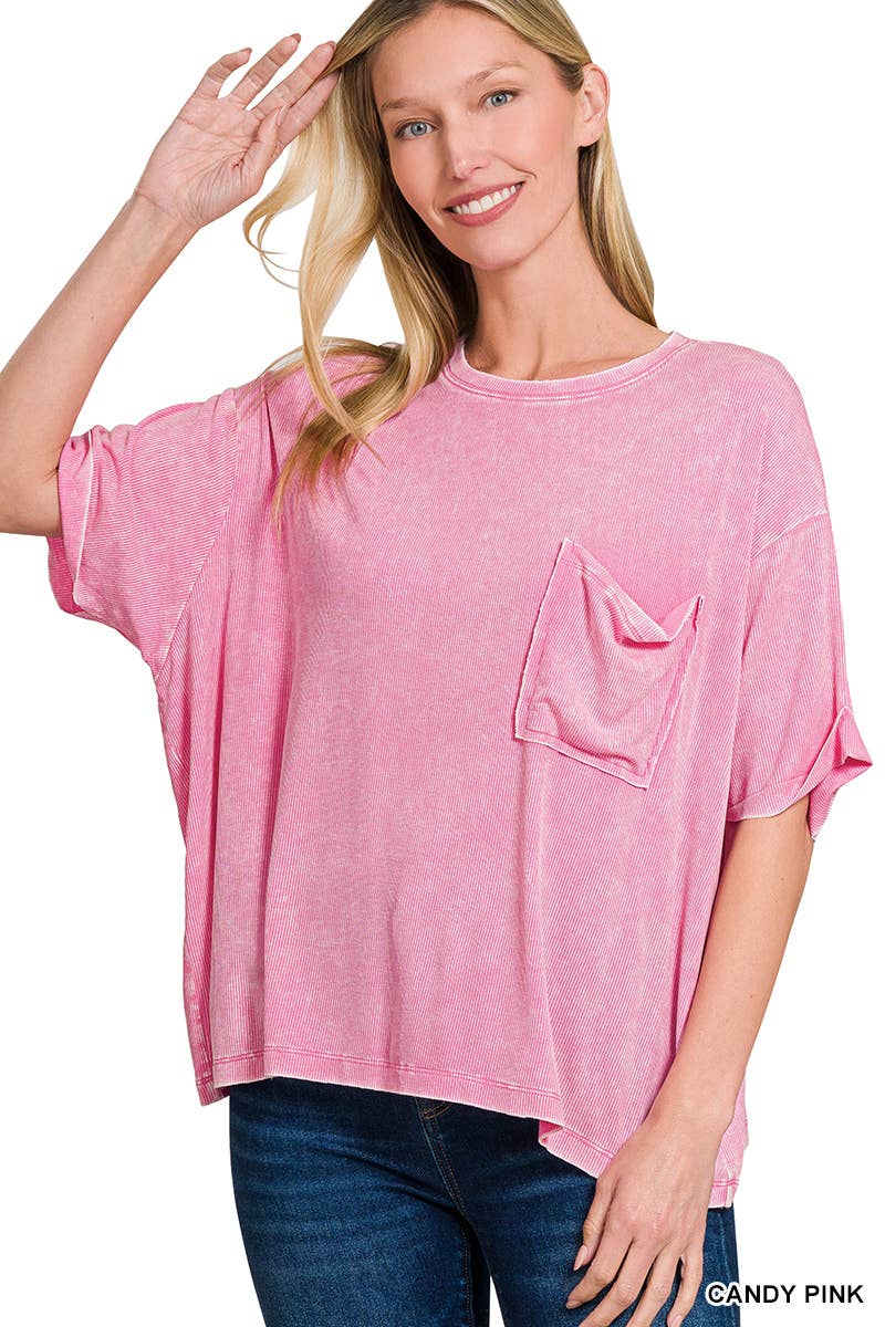 Washed Ribbed Cuff Short Sleeve Top