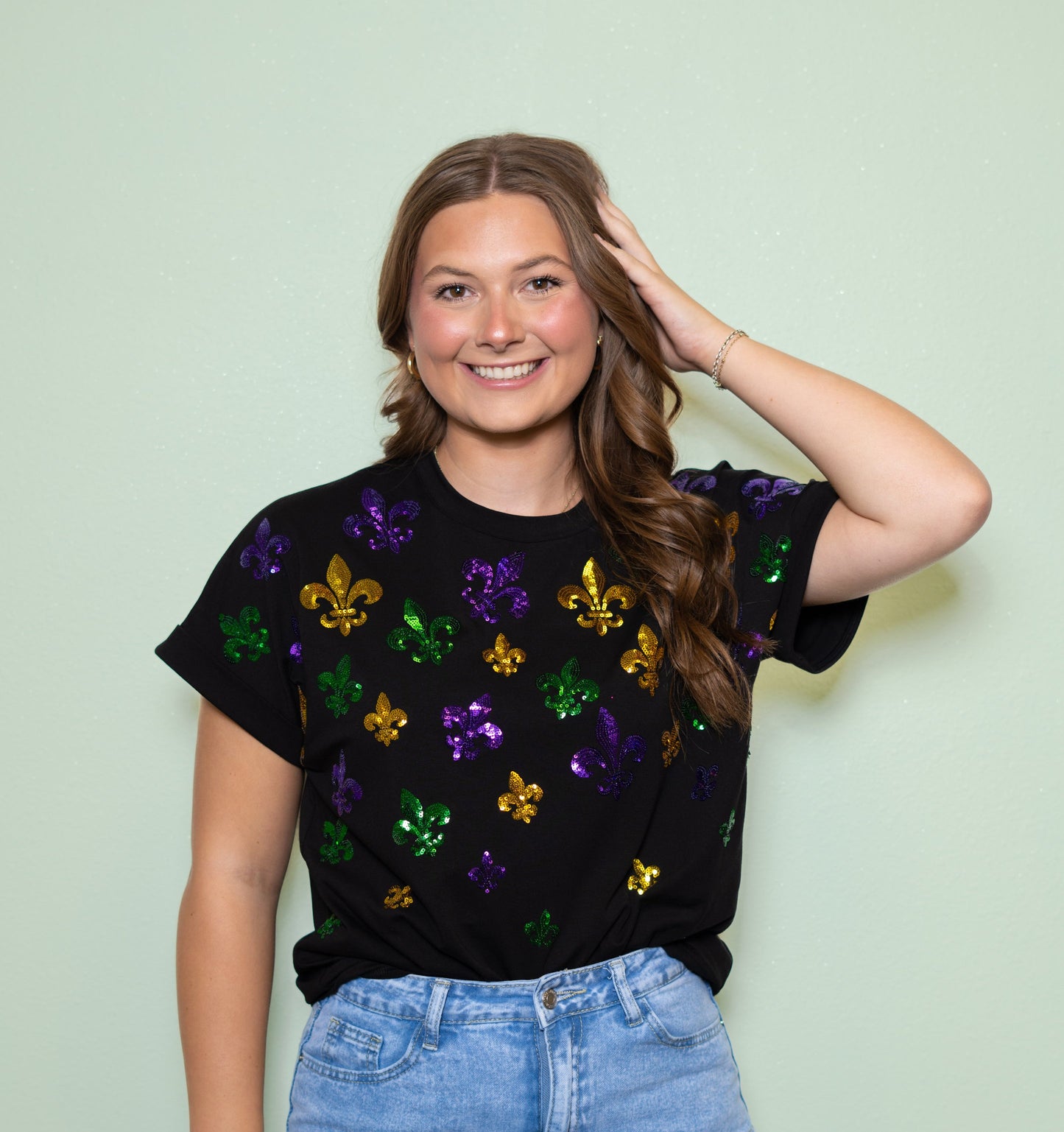 Black MG Scattered Sequin Fleur de Lis Top