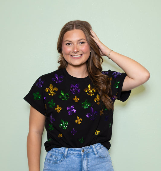 Black MG Scattered Sequin Fleur de Lis Top